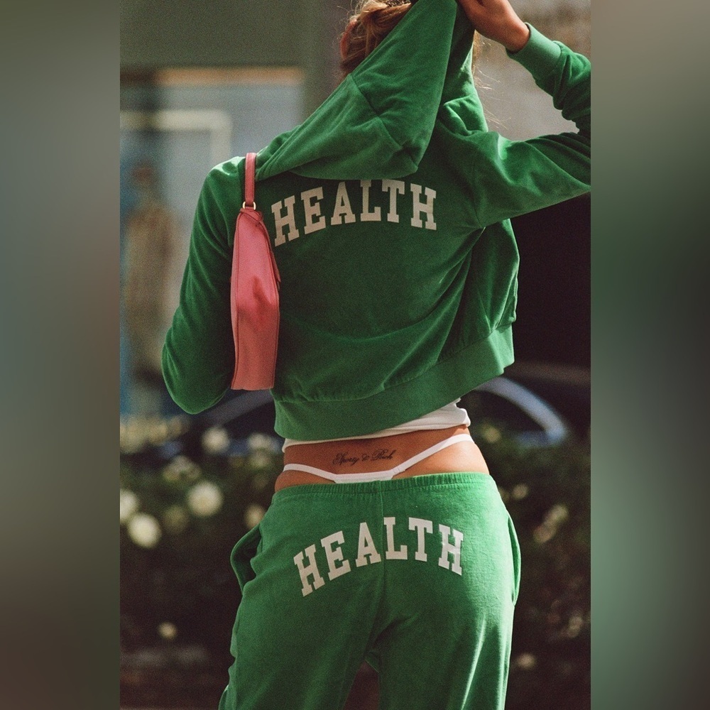 SPORTY & RICH Health Ivy Velour Zipped Hoodie in Green XL - Picture 2 of 8